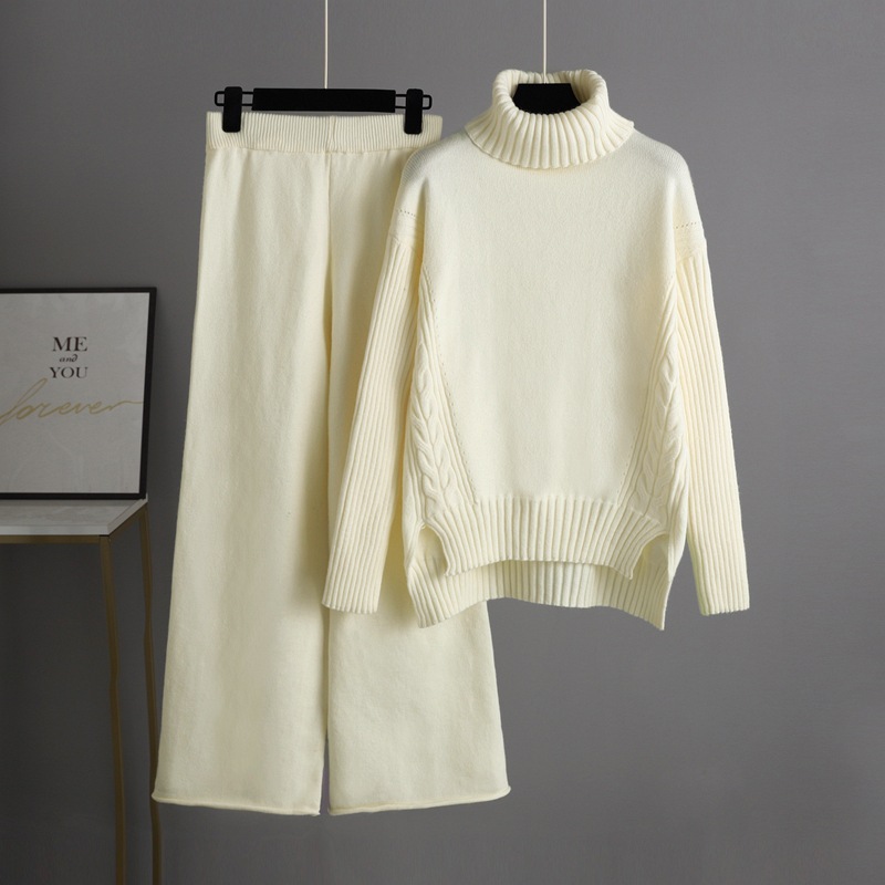  Sweater Wide Leg Pants Turtleneck Heavy Sweater Two Piece Set Women Clothing