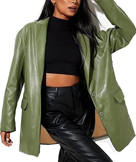 Women Leather Jacket Oversized Faux Leather Blazer Button Down Lapel Coat with Pockets Vintage Streetwear