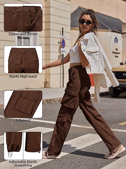 Women Pants High Waisted Cargo Pants Combat Military Trousers Wide Leg Casual Pants 8 Pockets