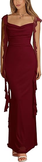 Womens Sleeveless Ruffle Party Maxi Bodycon Dresses