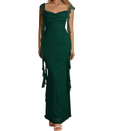 Womens Sleeveless Ruffle Party Maxi Bodycon Dresses