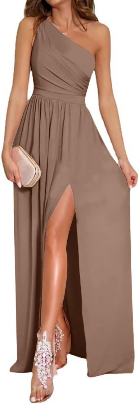Women's One Shoulder High Split Sleeveless Ruched Sexy Cocktail Maxi Long Dress