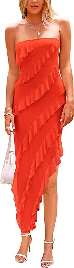 Womens Strapless Tube Asymmetrical Ruffle Maxi Bodycon Dress