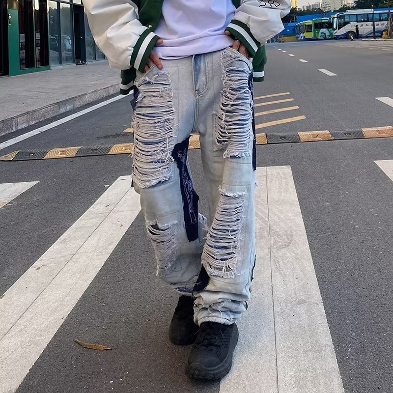 Hip Hop Custom Men's Jeans Ripped Baggy Pants Stacked Patchwork Denim Stacked Jeans Men Stacked Jeans