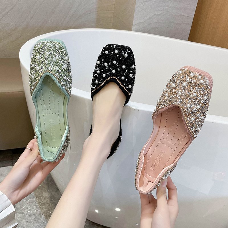 New Design Fashion Blingbling Women Pump Shoes Square Toe Comfortable Ladies Shoes Flats Loafer Shoes Women
