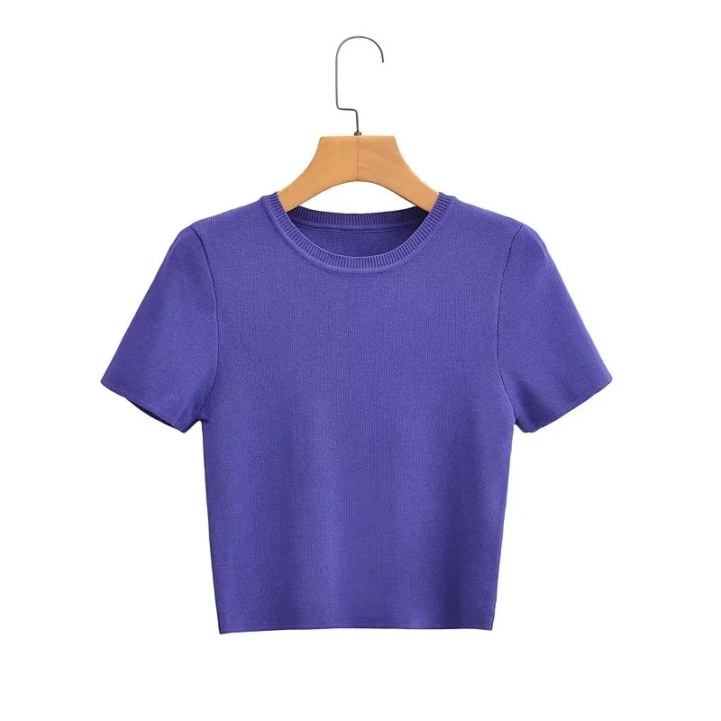 Fashion Short Ice Silk Knitted Top Sweater Vintage Short Sleeve Female Pullovers Chic Tops