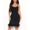Bandage Bodycon Feather Dress Women Dresses Elegant With Slit Spaghetti Strap Black Mini Dress