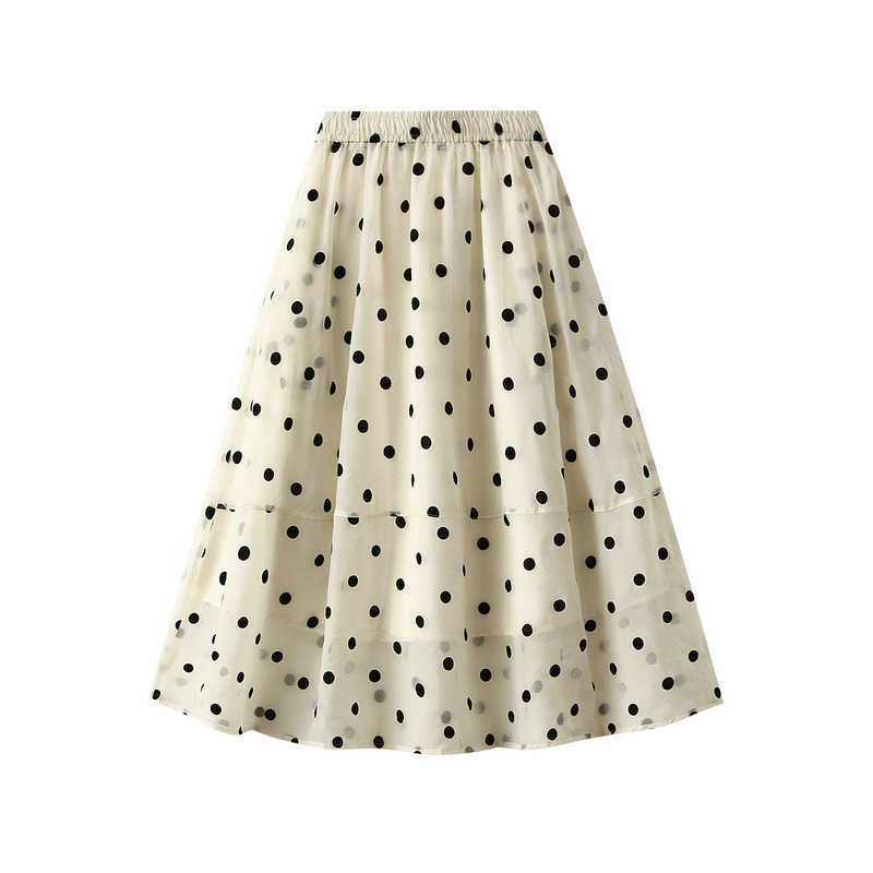 Dot Printed Women Elegant Elastic Waist Skirt Elastic High Waisted A-Line Female 2024 Spring Satin Long Skirt