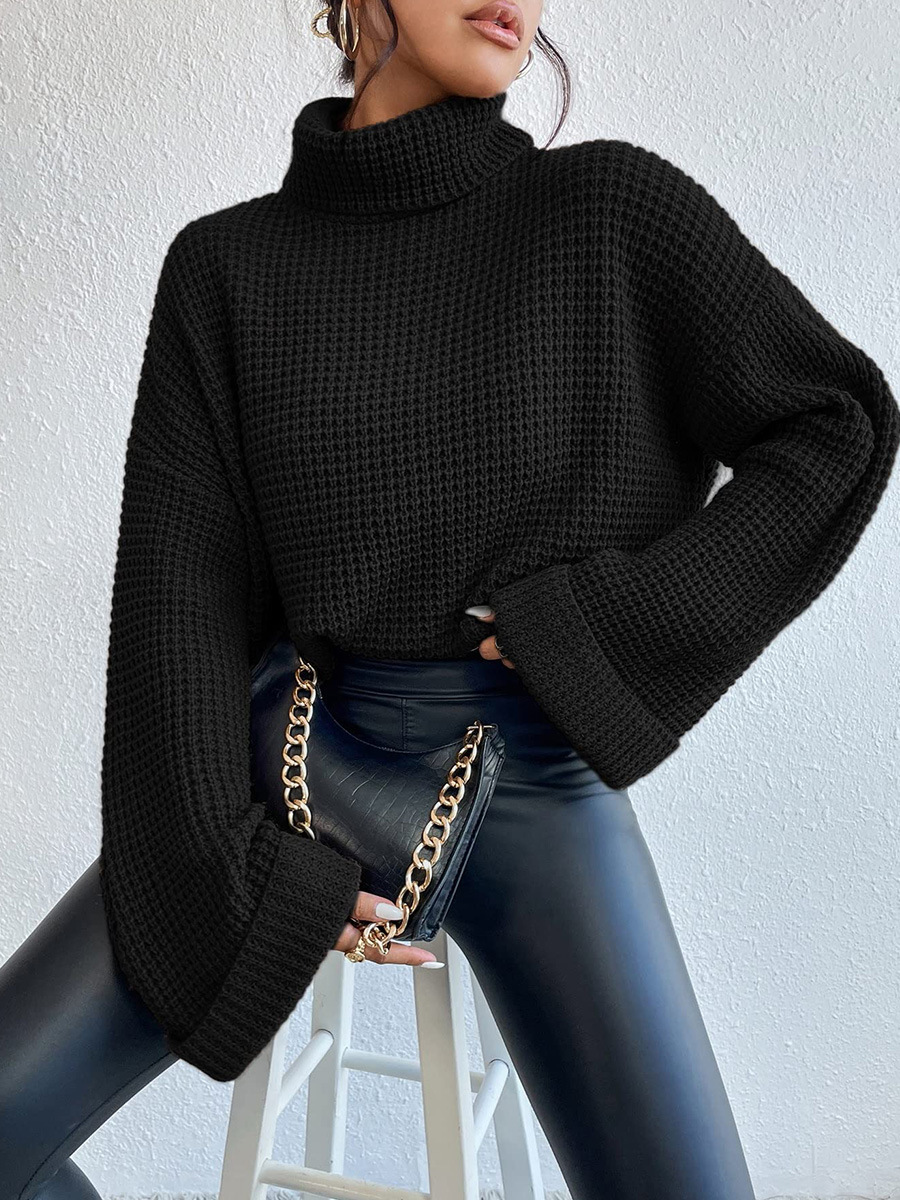 Turtleneck Drop Shoulder Waffle Knit Sweater