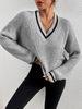 Frenchy Striped Trim Drop Shoulder Cricket V Neck Sweater