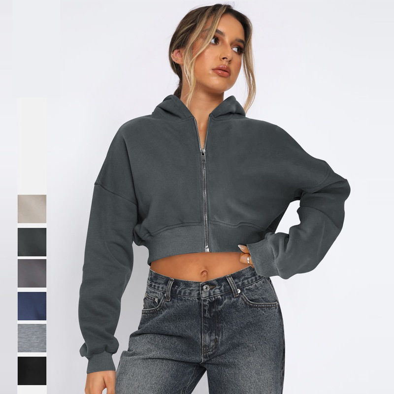 French Terry Full Zip Up Open Drop Shoulder Hooded Autumn Over Size Hoodies for Women