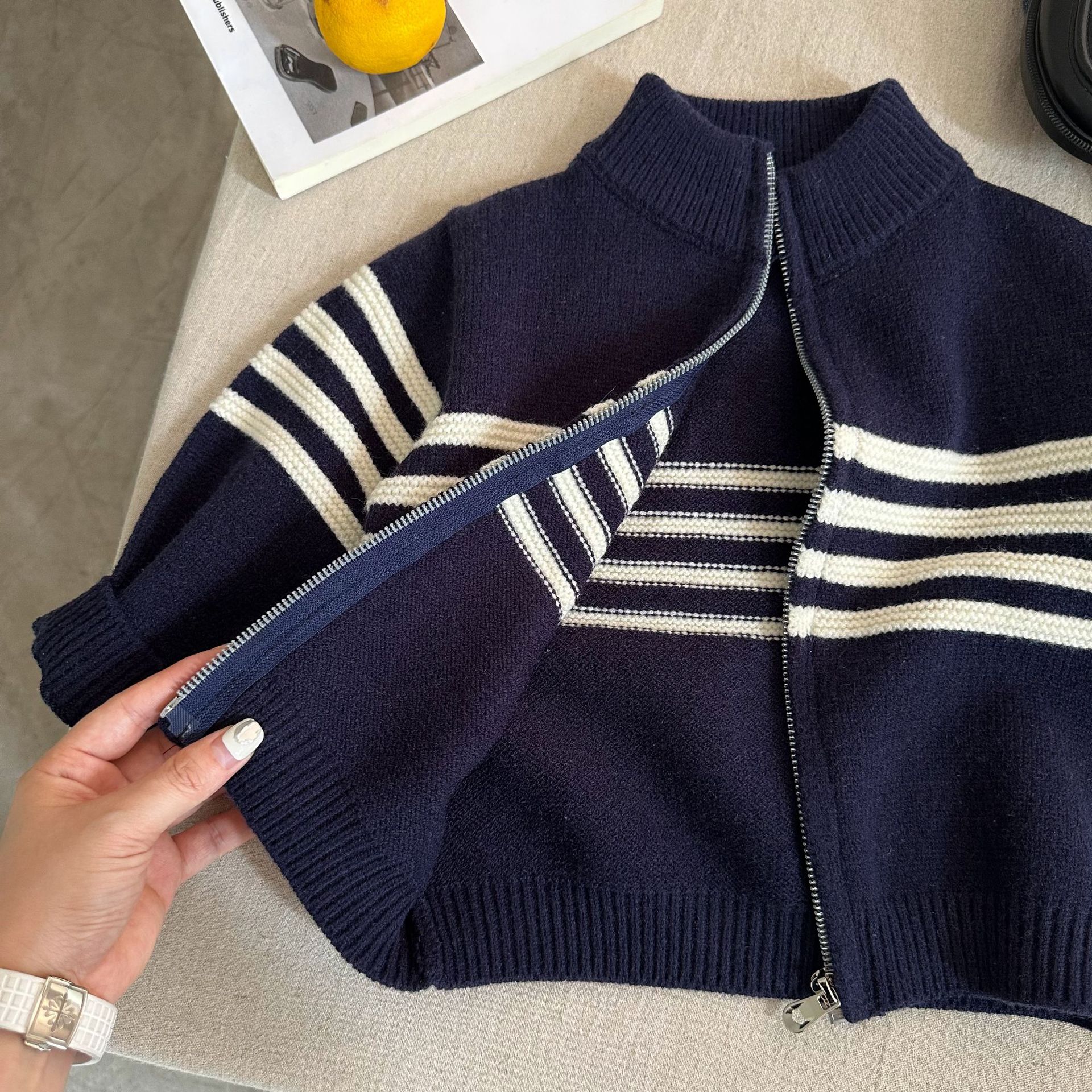 Winter Coat Kids Long Sleeve Zip Full Placket Cotton Knitted Children Sweater