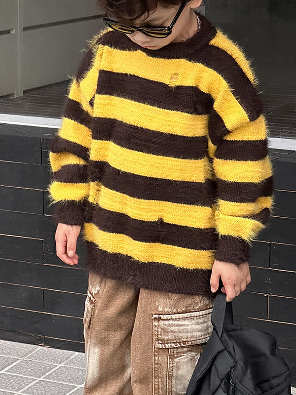Custom Stripe Woollen Sweater Fuzzy Knit Pullovers Fur Wool Cute Korean Sweater