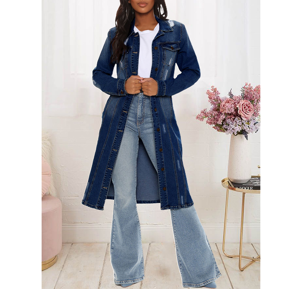Retro Loose Long Coat Dark Washed Denim Jacket Woman