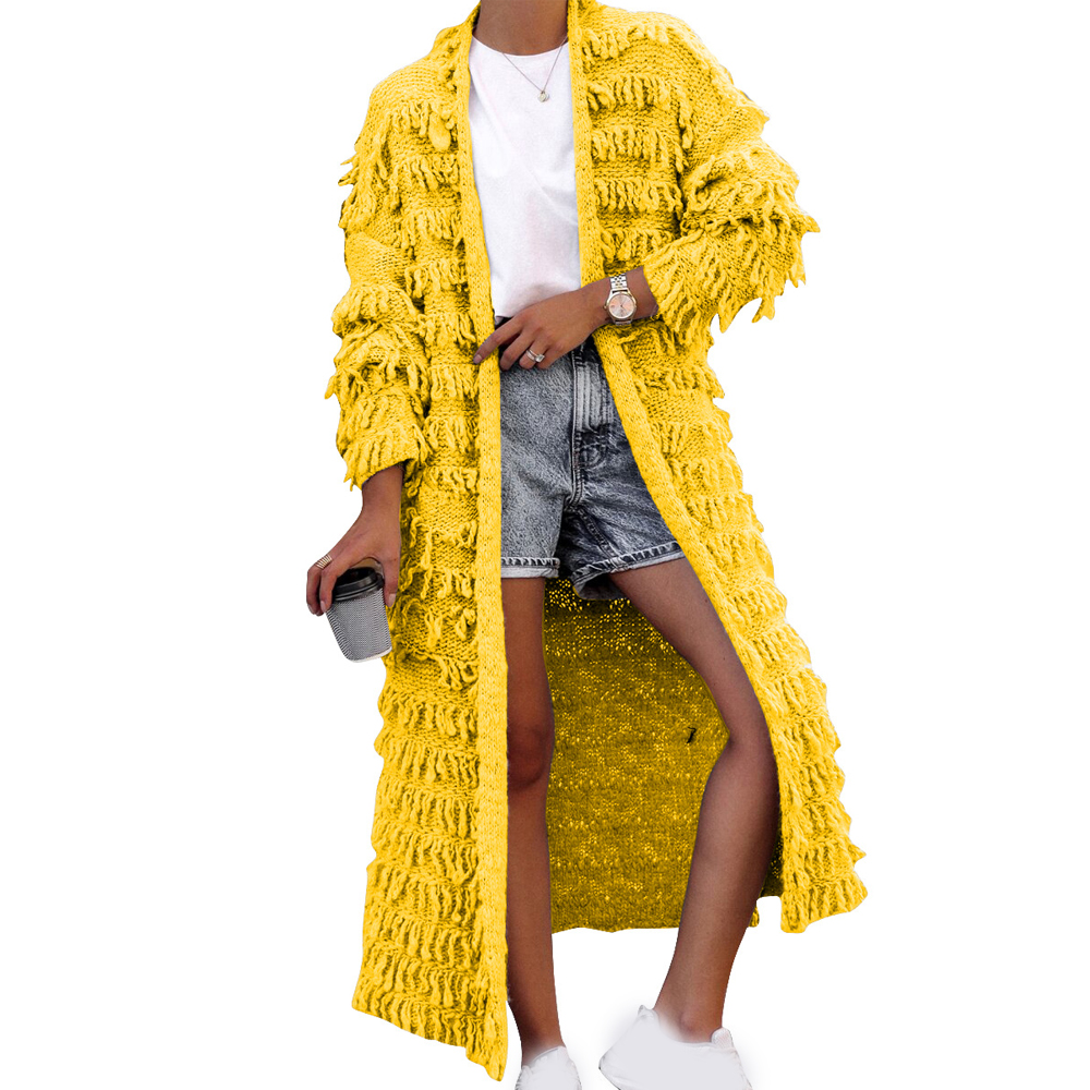 Fall Women Tassel Knitted Jacket Fashion Winter Solid Color Long Cardigan Coat With Tassel