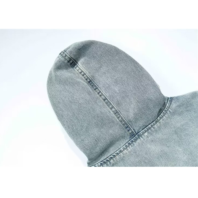 Custom Print Logo No String Acid Wash Hoodie Cotton Thick Design Streetwear Heavyweight Denim Oversize Men Hoodie