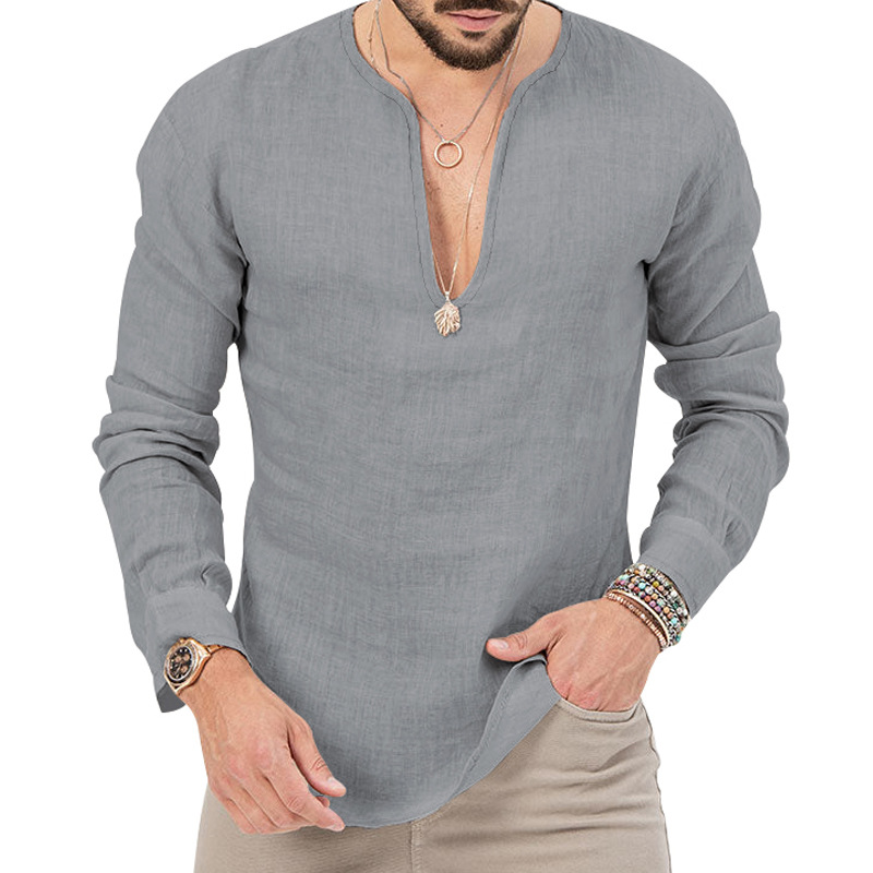 Fashion Casual Slim Brand V Neck Solid Color Long Sleeves T Shirt For Men