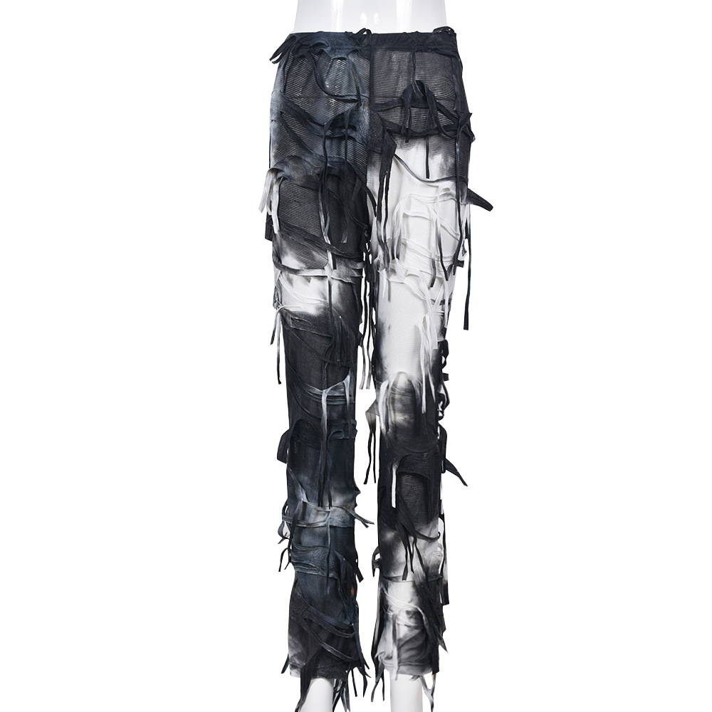 Women Stretch Latest Trendy High Street Tie Dye Baggy Pants With Ripped Fringe Design Chic Y2k Pants Women Streetwear
