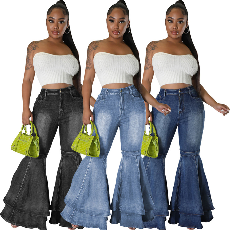 Women Casual High Waist Bell Bottom Flare Wide Leg Pants Women Casual Jeans