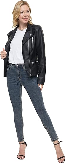 Leather Jacket for Women Faux Stand Collar Zip Up Motorcycle Short PU Moto Biker Outwear Coat