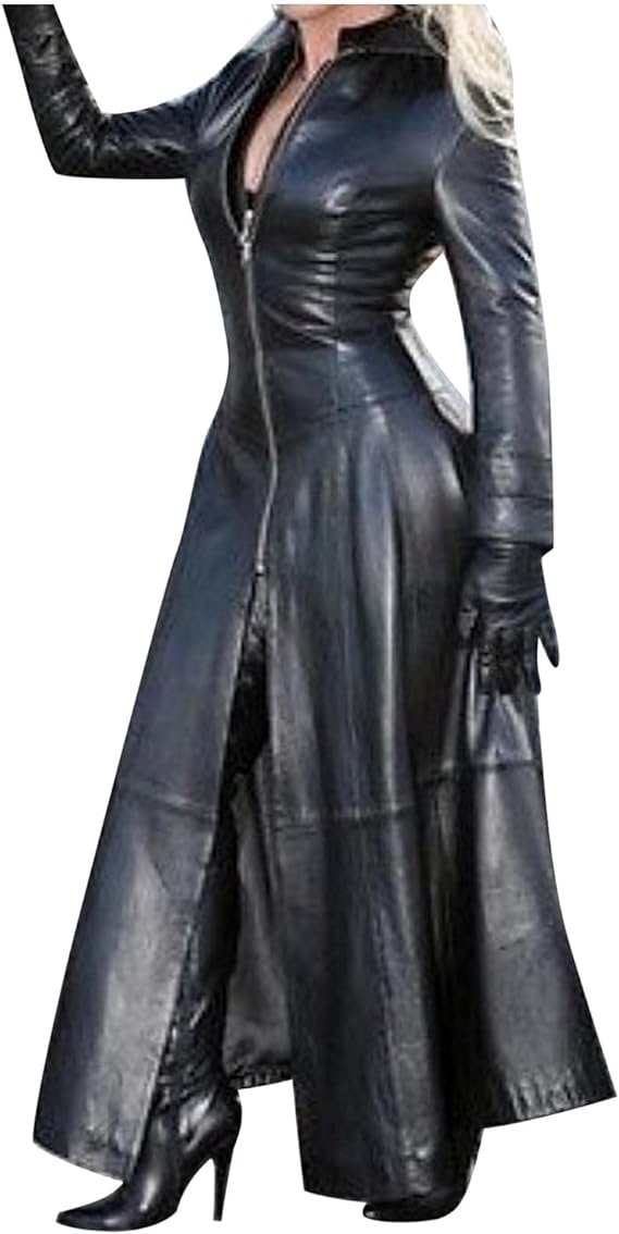  Women's Long Leather Jackets Slim Fit Motorcycle Jacket Faux Leather Trench Coat Full Zipper Jackets Trendy Outerwear