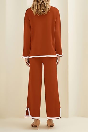 Women's 2 Piece Knit Sweater Set Casual Long Sleeve Pullover Wide Leg Pants Sweatsuit Tracksuit Outfit