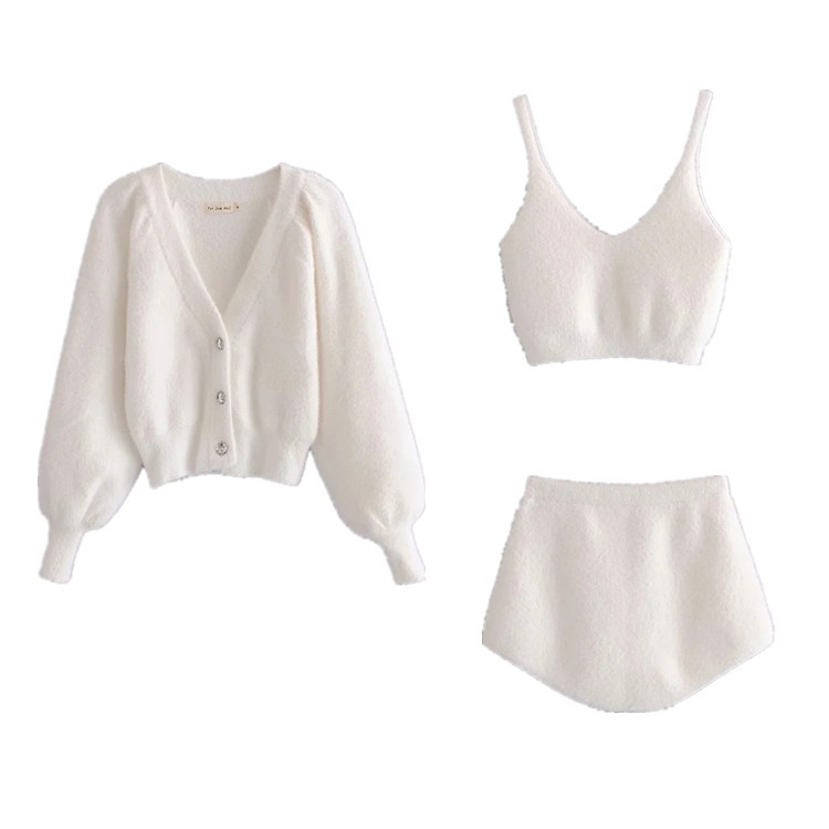 Furry Coat +Vest Top Match Short Womens Clothing 3 Piece Set Women