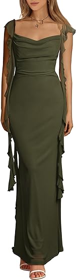 Womens Sleeveless Ruffle Party Maxi Bodycon Dresses