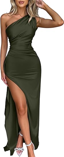 Women's Sexy One Shoulder Satin High Split Wedding Party Maxi Dress