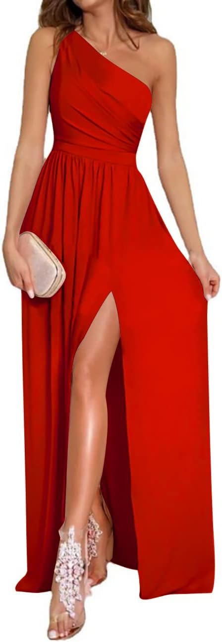 Women's One Shoulder High Split Sleeveless Ruched Sexy Cocktail Maxi Long Dress