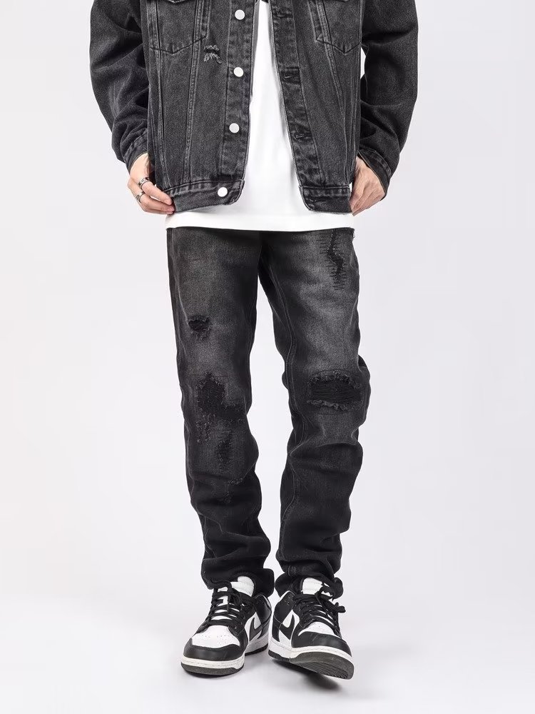 Men High Street Hip Hop Patchwork Jeans Pants Fashion Male Solid Loose Casual Straight Denim Trousers