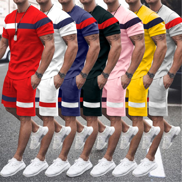 Fashion Solid Color 3D Print Summer Men Tracksuit Cotton Material 2pcs Short Sleeve Men T Shirt And Shorts For Running