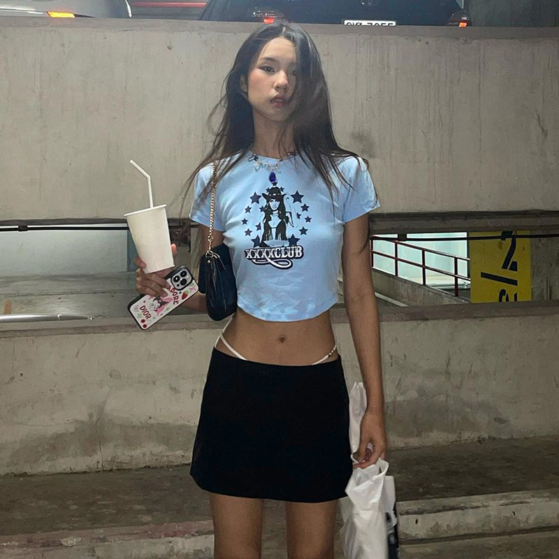 Spring And Summer Fashion New Basic Printed Tops Short Cropped Tops Casual O-neck Short Sleeve T-shirt for Women
