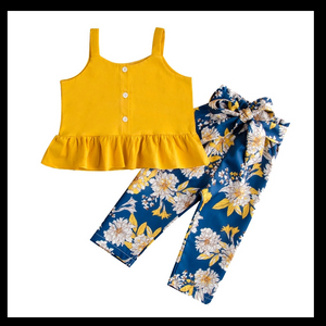 Kids Girls Summer Clothes Sets Sleeveless Button Tops +bowknot Belt Shorts 2pcs Suit Kids Baby Girl Sunflower Clothes
