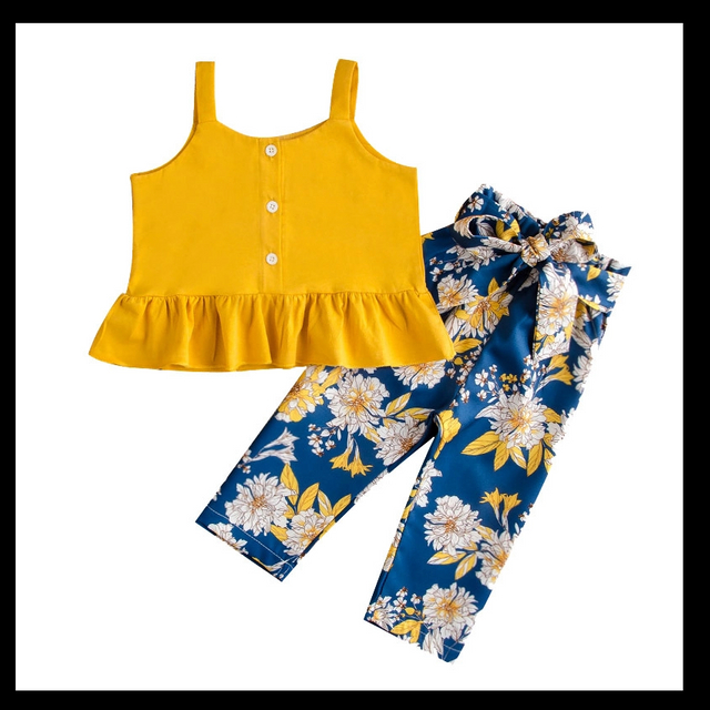 Kids Girls Summer Clothes Sets Sleeveless Button Tops +bowknot Belt Shorts 2pcs Suit Kids Baby Girl Sunflower Clothes