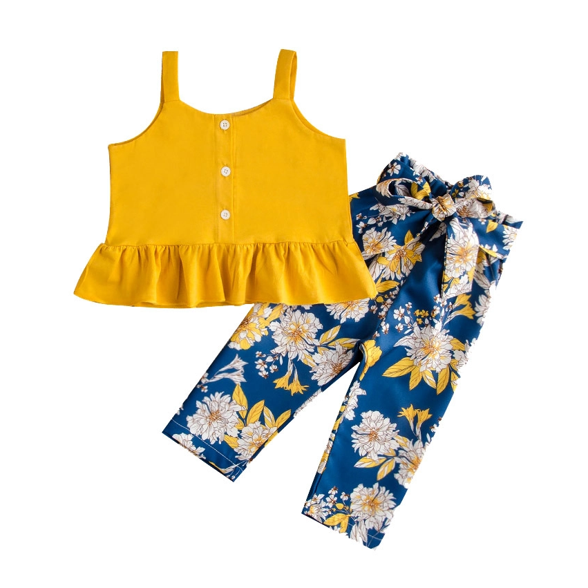 Kids Girls Summer Clothes Sets Sleeveless Button Tops +bowknot Belt Shorts 2pcs Suit Kids Baby Girl Sunflower Clothes