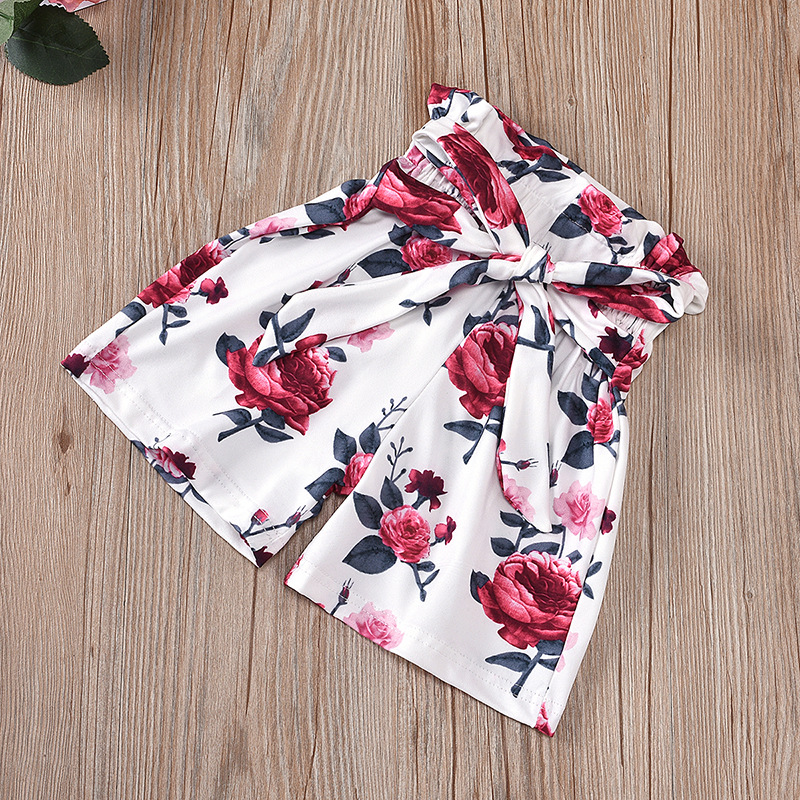 Girls Sets Summer Flower Sling Romper T-shirt+Solid Shorts 2PCS Kids Suit Children Clothes
