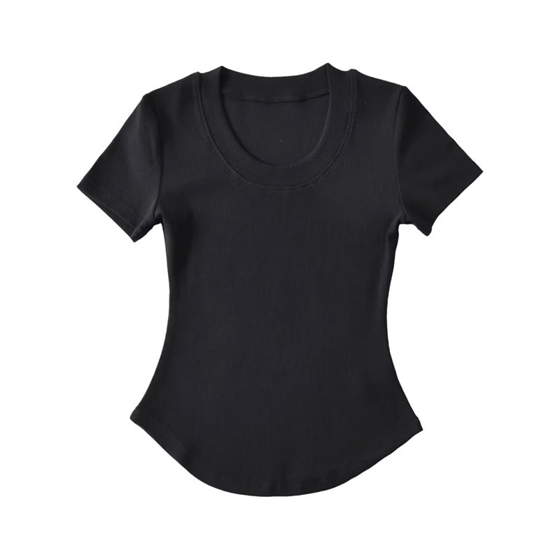 Basic Crew Neck Curve Bottom Short Sleeve Cotton Spandex Rib Stretchy Women T Shirts