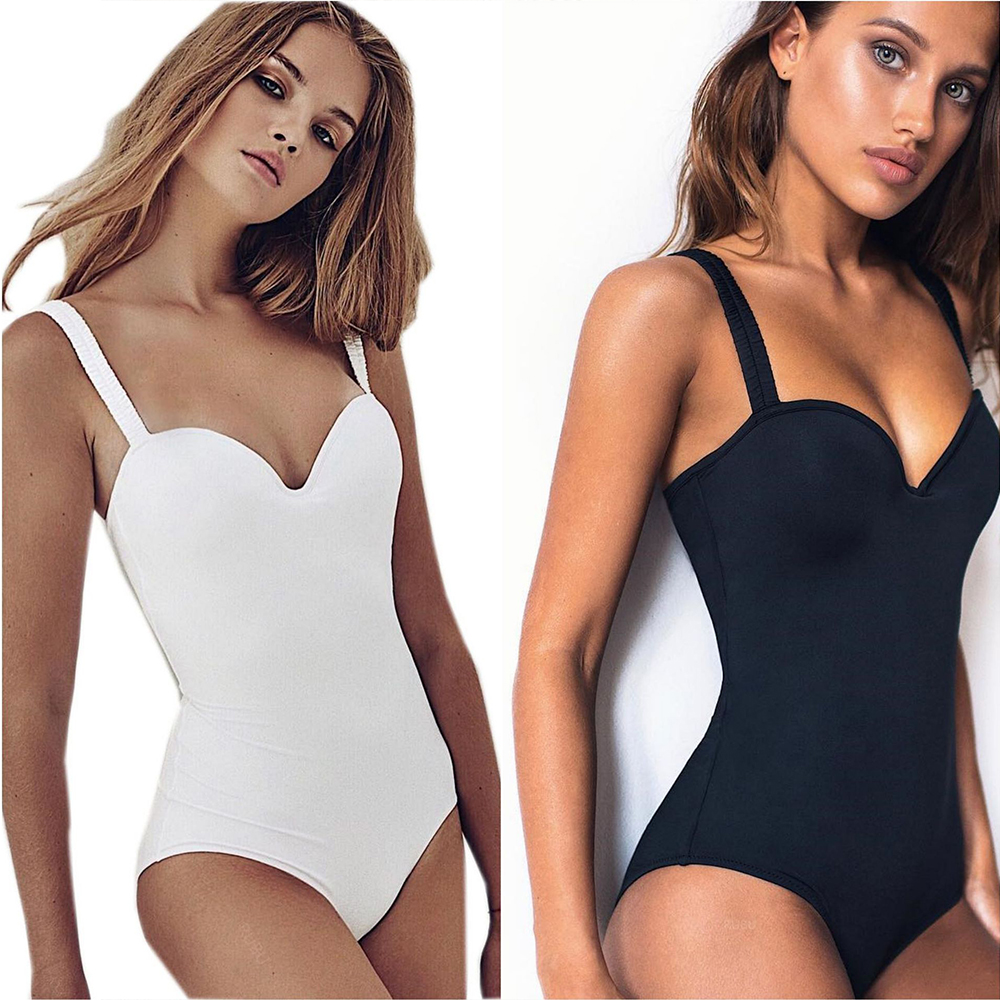 Sexy Push Up One Piece Swimsuit Solid Black White Swimwear Women Swimming Suits Bikini Swimwear Bodysuit