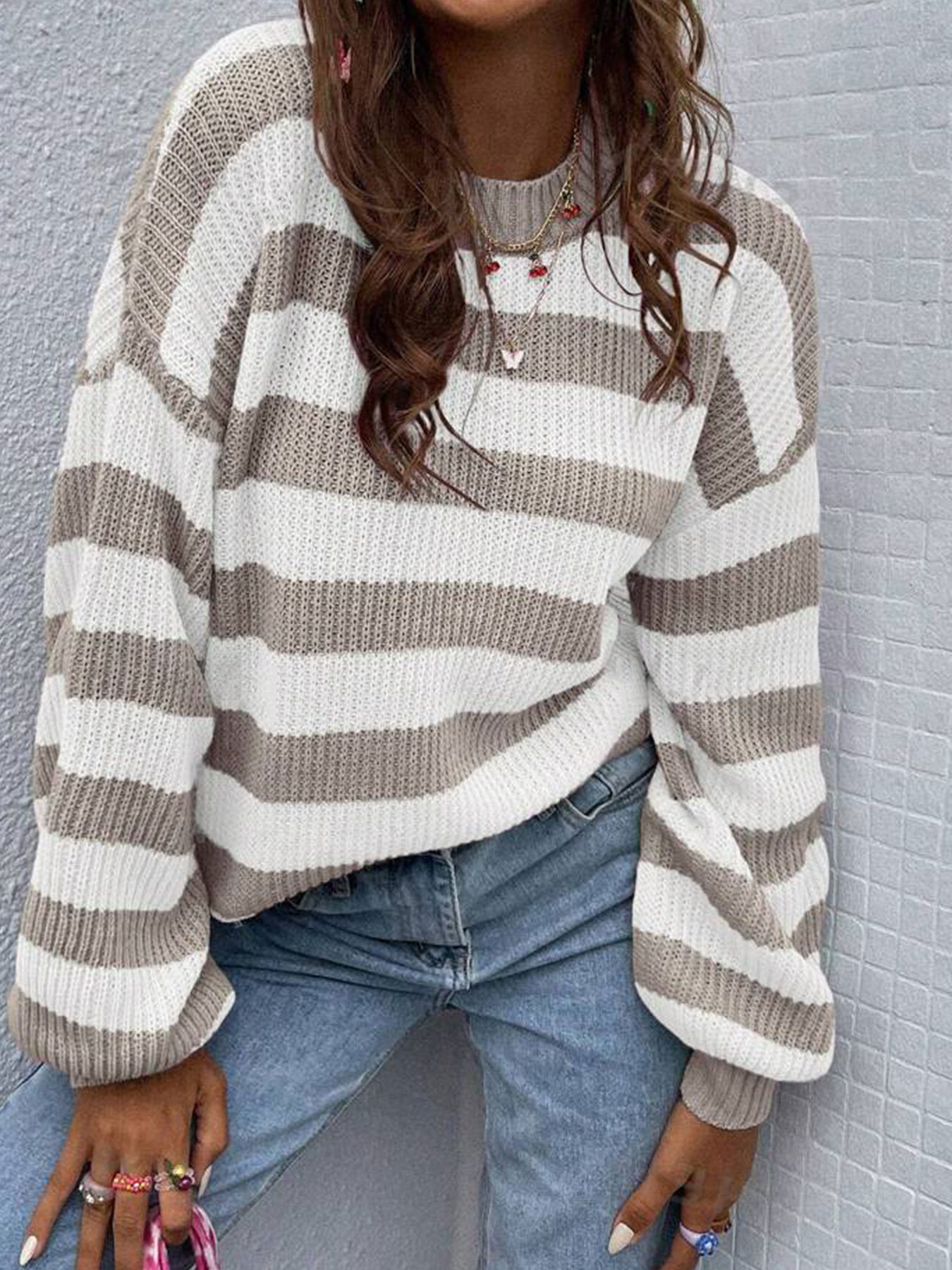 Winter Ladies Casual Long Sleeve Sweater Women's Colour Block Patchwork Drop Shoulder Knitted Sweater Striped Pattern Drop Shoulder Sweater