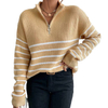 Frenchy Striped Drop Shoulder Zipper Front Long-Sleeve Women's Top Zipper Pullover Sweater