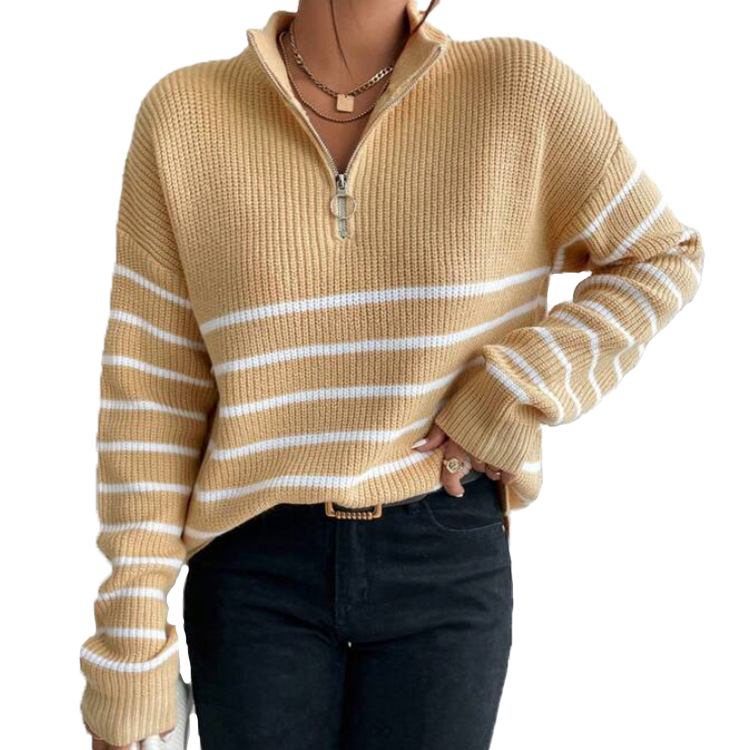 Frenchy Striped Drop Shoulder Zipper Front Long-Sleeve Women's Top Zipper Pullover Sweater