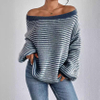 Women's Striped Casual Knitted Sweater Striped Pattern Off Shoulder Lantern Sleeve Sweater