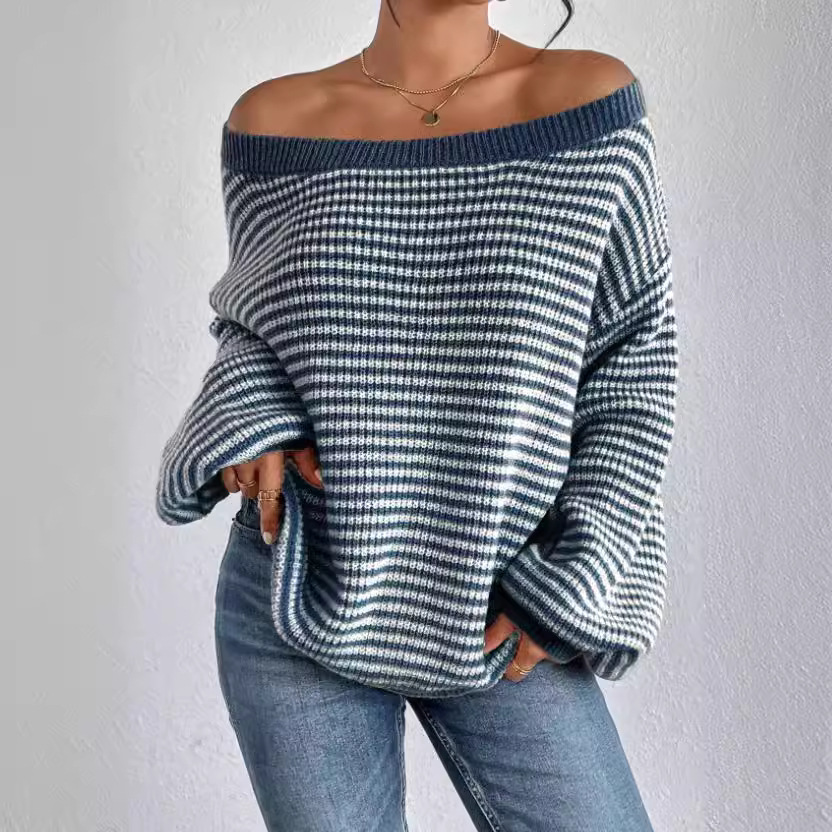 Women's Striped Casual Knitted Sweater Striped Pattern Off Shoulder Lantern Sleeve Sweater
