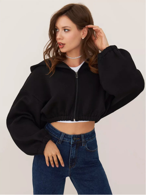 Women's Fashion Zipper Hoodie Cropped Jacket Solid Color Short Long Sleeve Loose Hoodies for Female's