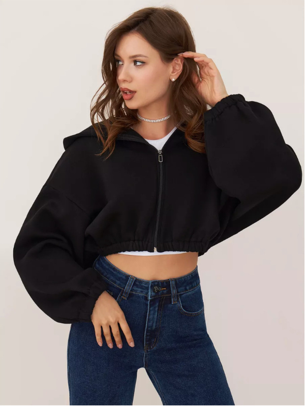 Women's Fashion Zipper Hoodie Cropped Jacket Solid Color Short Long Sleeve Loose Hoodies for Female's