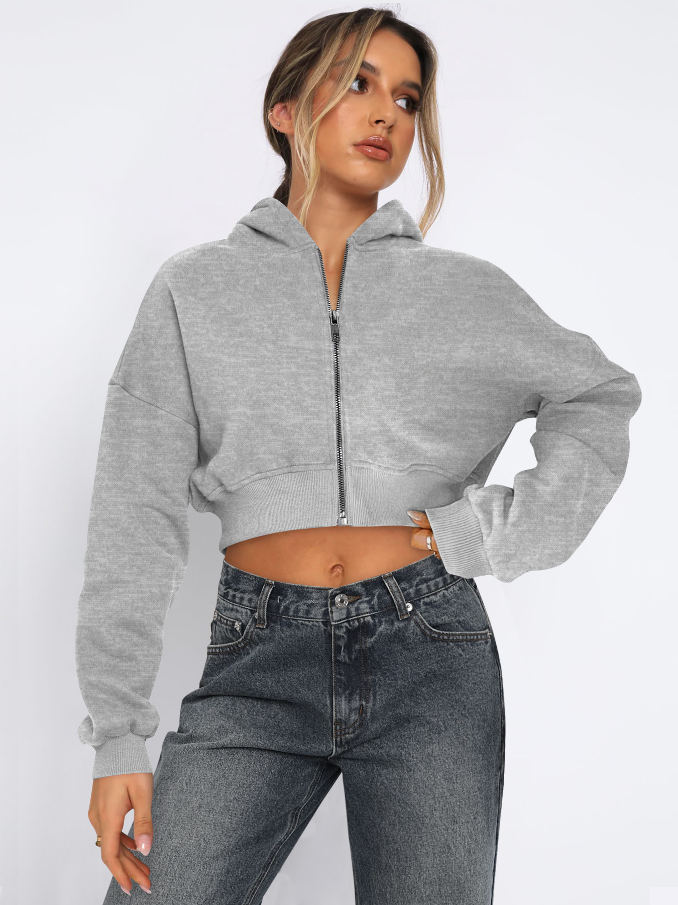 French Terry Full Zip Up Open Drop Shoulder Hooded Autumn Over Size Hoodies for Women