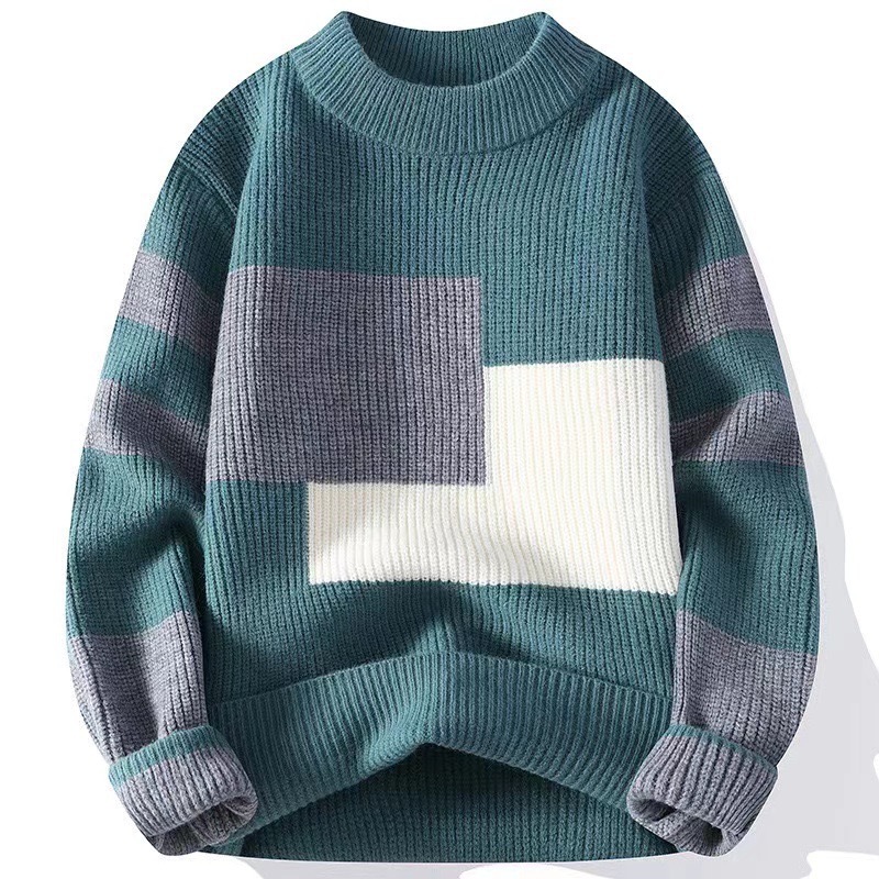Men's Round Neck Jumper Winter Warm Wool Knitwear with Pattern Decoration Thickened Loose Pullover