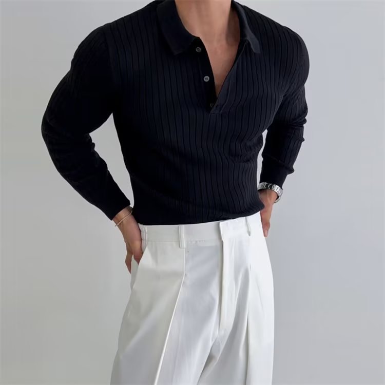  Retro Slim Polo Shirt Pit Stripe Lapel Knit Teenage Knitwear Men's Sweater
