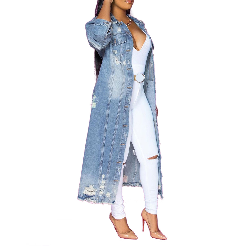 Winter Ripped Denim Cardigan Coat Turn Down Collar Long Jacket Fashion Ladies Long Denim Coat